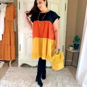 Plus size fall ruffle shift dress 3X orange black yellow curvy stripe colorblock